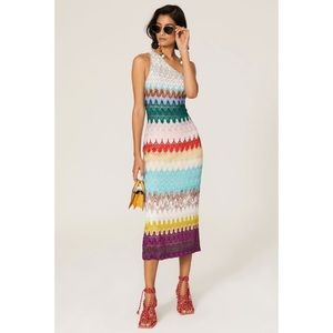 MISSONI One Shoulder Crochet Knit Rainbow Wave Rielievo Dress